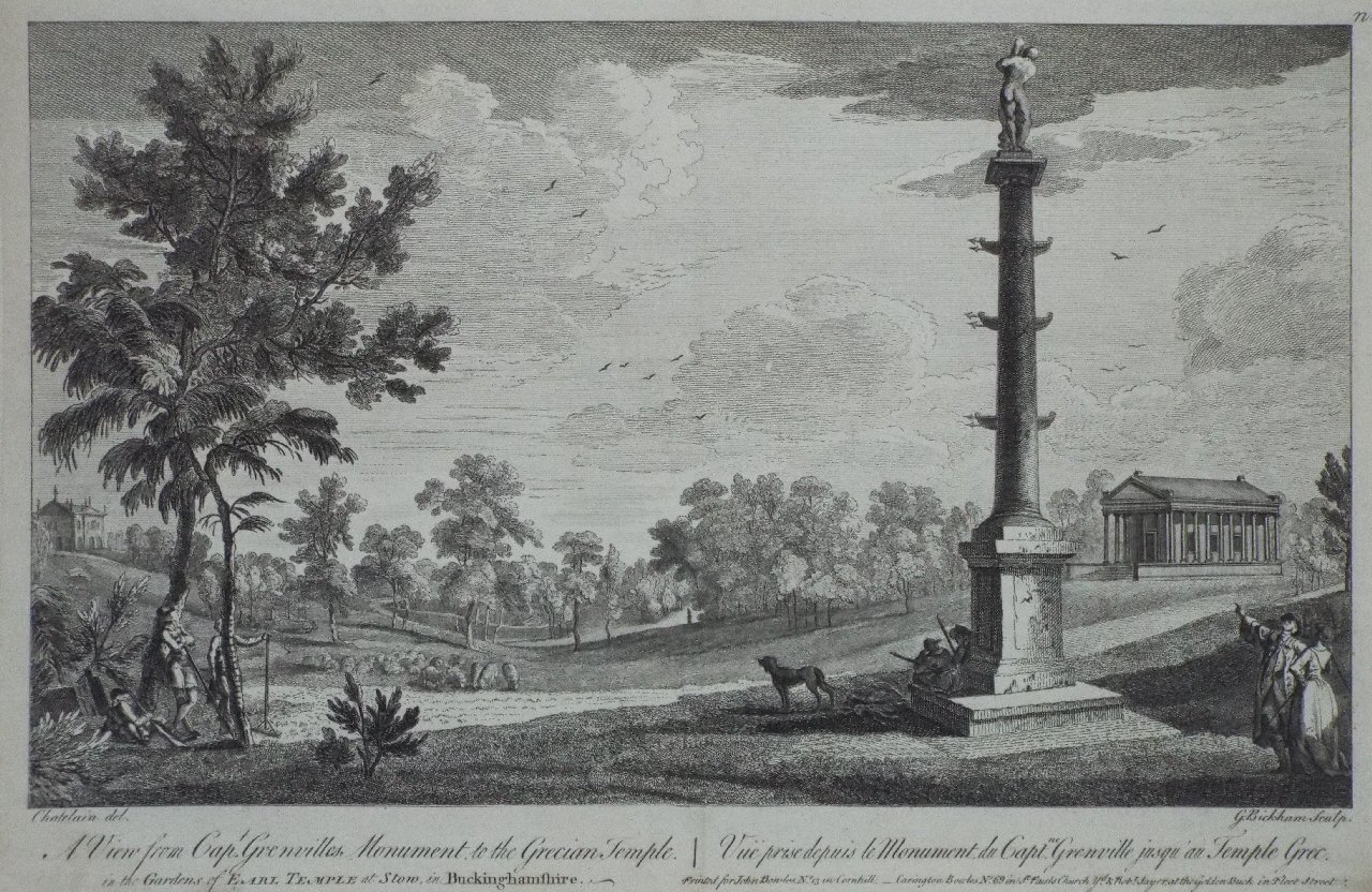 Print - A View from Capt. Grenvilles Monument, to the Grecian Temple. in the Gardens of Earl Temple at Stow, in Buckinghamshire. - Bickham